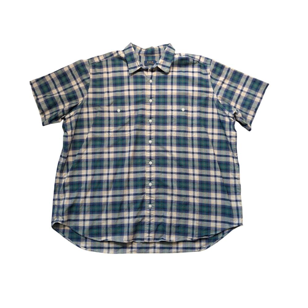 Polo Ralph Lauren Shirt Mens 3XB Plaid Short Sleeve Button Down Green Blue